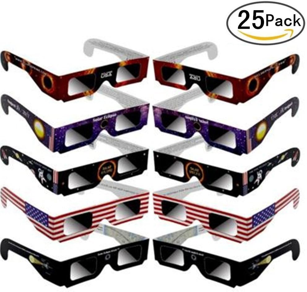 Solar Eclipse Glasses 25 Pack, Paper Safe Shades for Direct Sun Viewing Paper Glasses for August 21, 5 Color