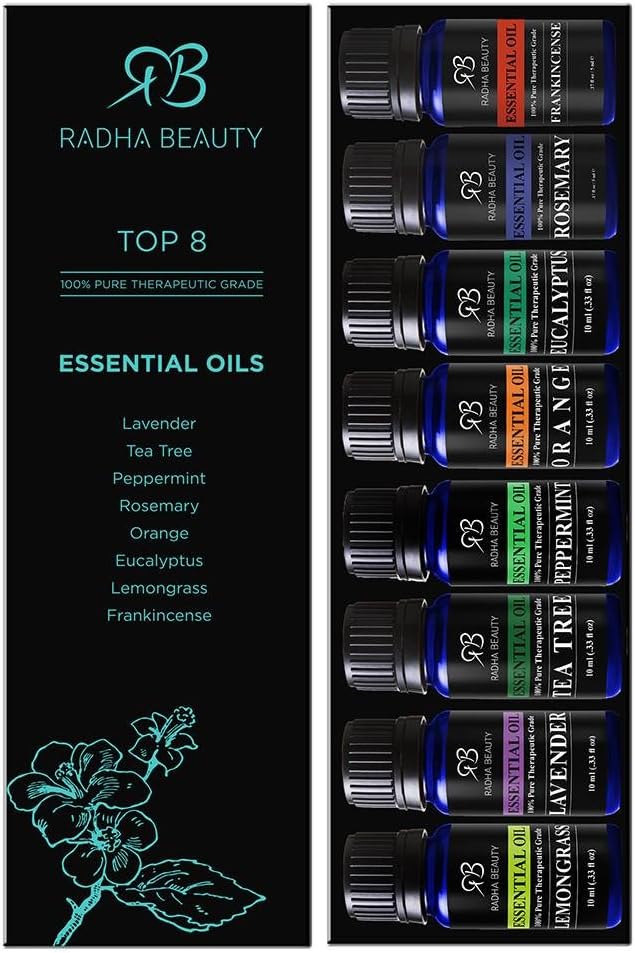 Radha Beauty Aromatherapy Top 8 Essential Oils 100% Pure & Therapeutic Grade - Basic Sampler Gift Set & Kit (Lavender, Tea Tree, Eucalyptus, Lemongrass, Orange, Peppermint, Frankincense and Rosemary): Health & Personal Care