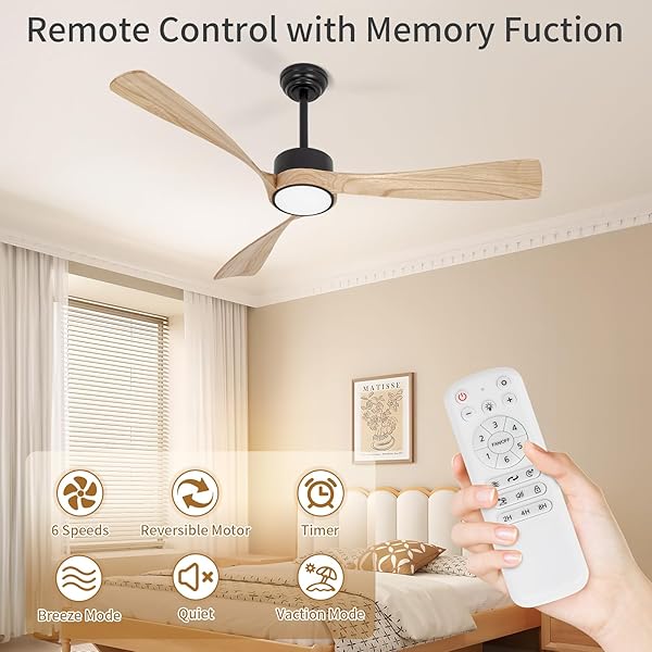 CEILING FAN WITH LIGHTS,52 INCH WOOD CEILING FANS WITH REMOTE CONTROL,DIMMABLE LIGHT,3 CCT,6 SPEEDS,NOISELESS DC MOTOR,2 DOWNROD,CEILING FAN FOR BEDROOM,LIVING ROOM,OFFICE,INDOOR,NATURAL WOOD GRAIN