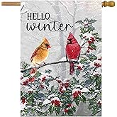 Hello Winter House Flags for Outside, Cardinal Christmas Garden Flag 28x40 Inch Double Sided, Pine Twigs Berry Large Burlap Yard Flag for Outdoor Winter Decorations