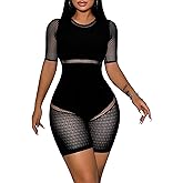 WEICHUJIAN Women Sexy See Through Mesh Short Sleeve Club Bodycon Rave One Piece Jumpsuit
