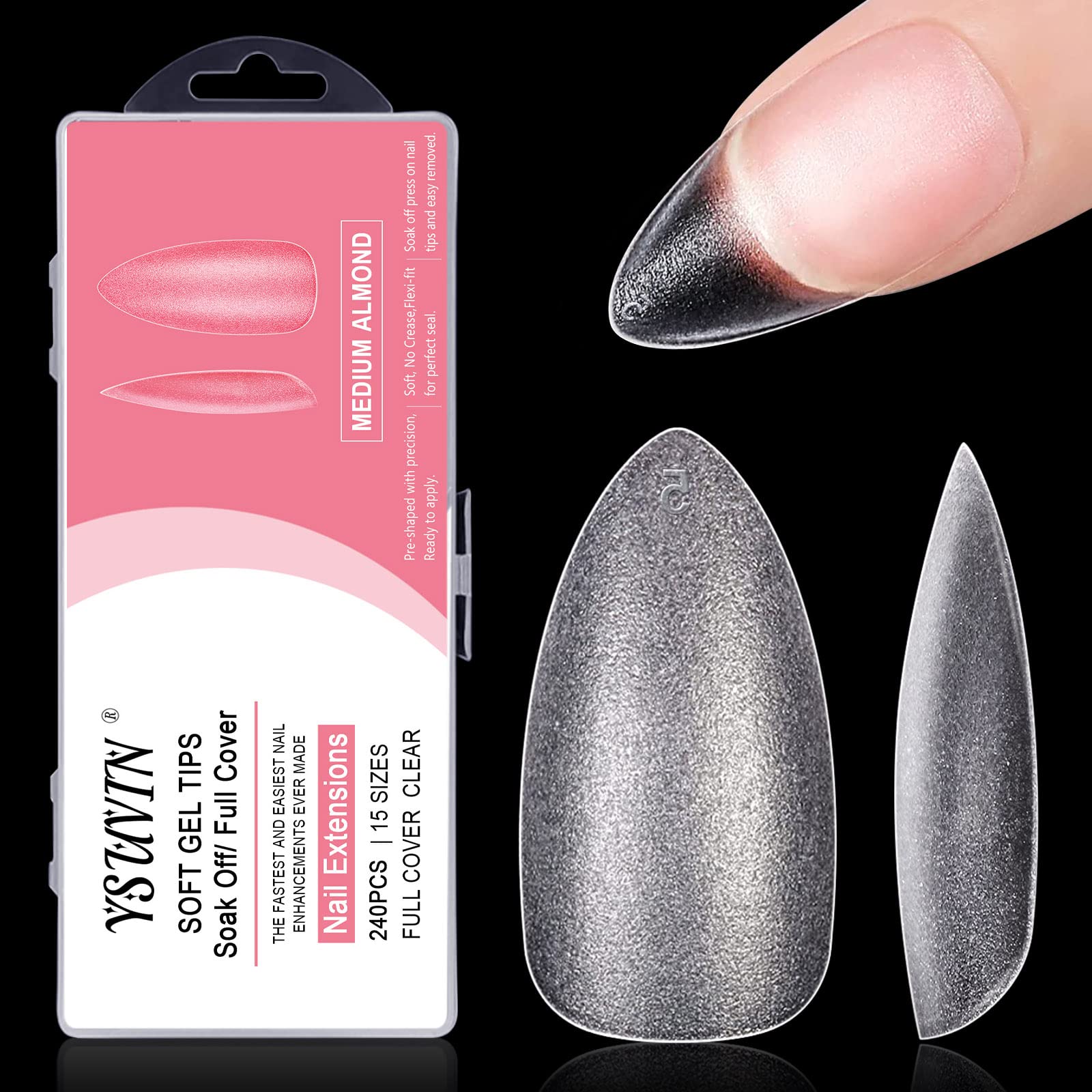 Yueshop Soft Gel Full Cover Nail Tips -240PCS Medium Almond Gelly Gel Nail Tips Full Matte Cover Break Resistant nail tips Kit 15 Sizes for DIY Manicure Nail Art Salon — image 1