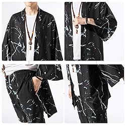 Ambcol Men's Japanese Style Kimono Tops Shorts Sets
