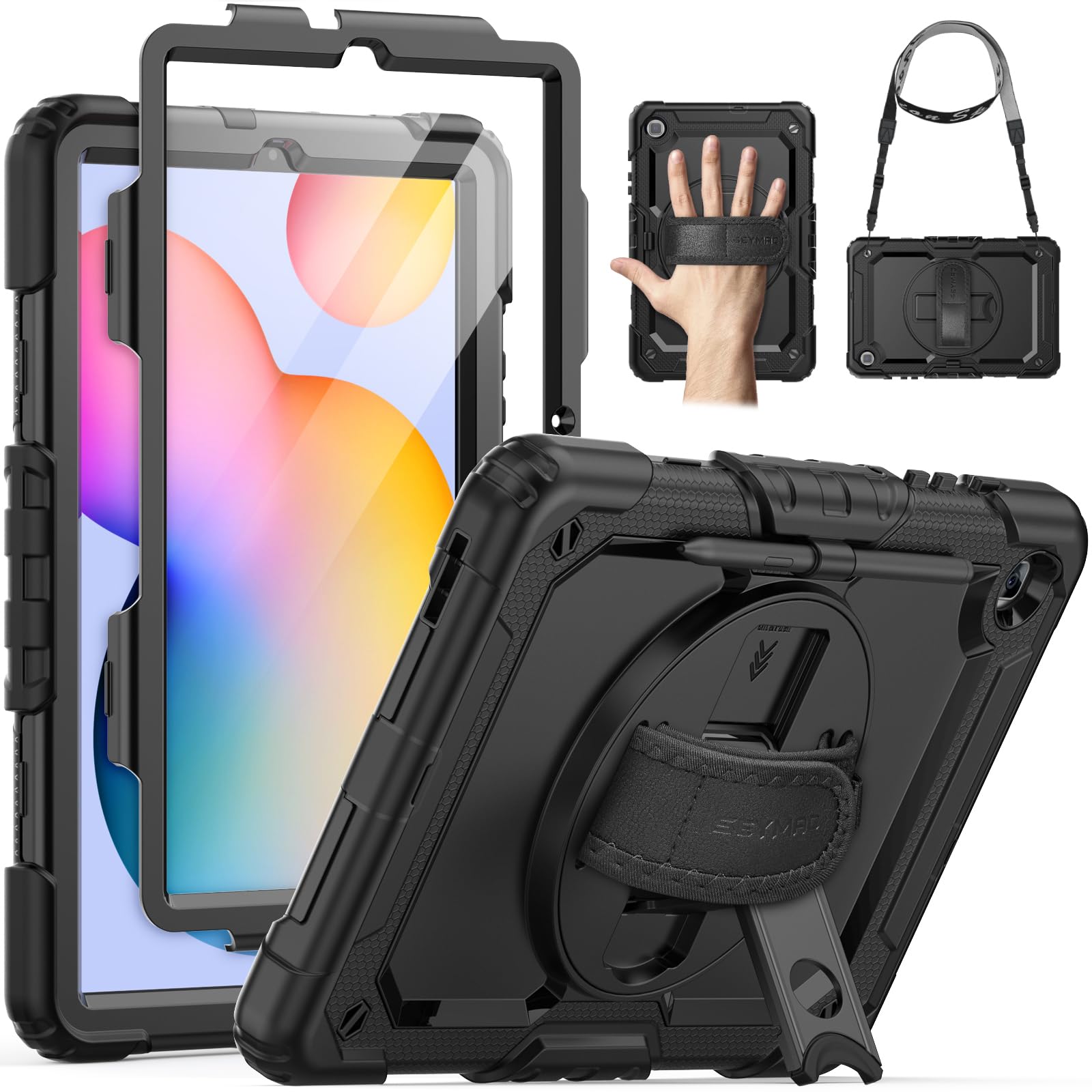 Photo 1 of SEYMAC Case for Samsung Galaxy Tab S6 Lite 10.4'' 2024/2022/2020 (SM-P620/P610/P615), Heavy Duty Full-Body Shockproof Protective Case with Screen Protector, Rotating Stand, Hand/Shoulder Strap, Black