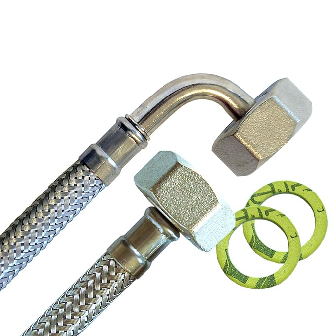 Zulaufschlauch für die Waschmaschine, Panzerschlauch 3/4'ÜM x 3/4'ÜM mit Bogen, Trinkwasser, DN08, Edelstahl, Länge 1500mm,'M