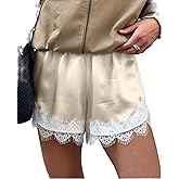 UAURORAO Women Satin Silk Shorts Lace Trim Patchwork Mini Micro Shorts Silky Low Rise Coquette Lounge Slip Bottoms