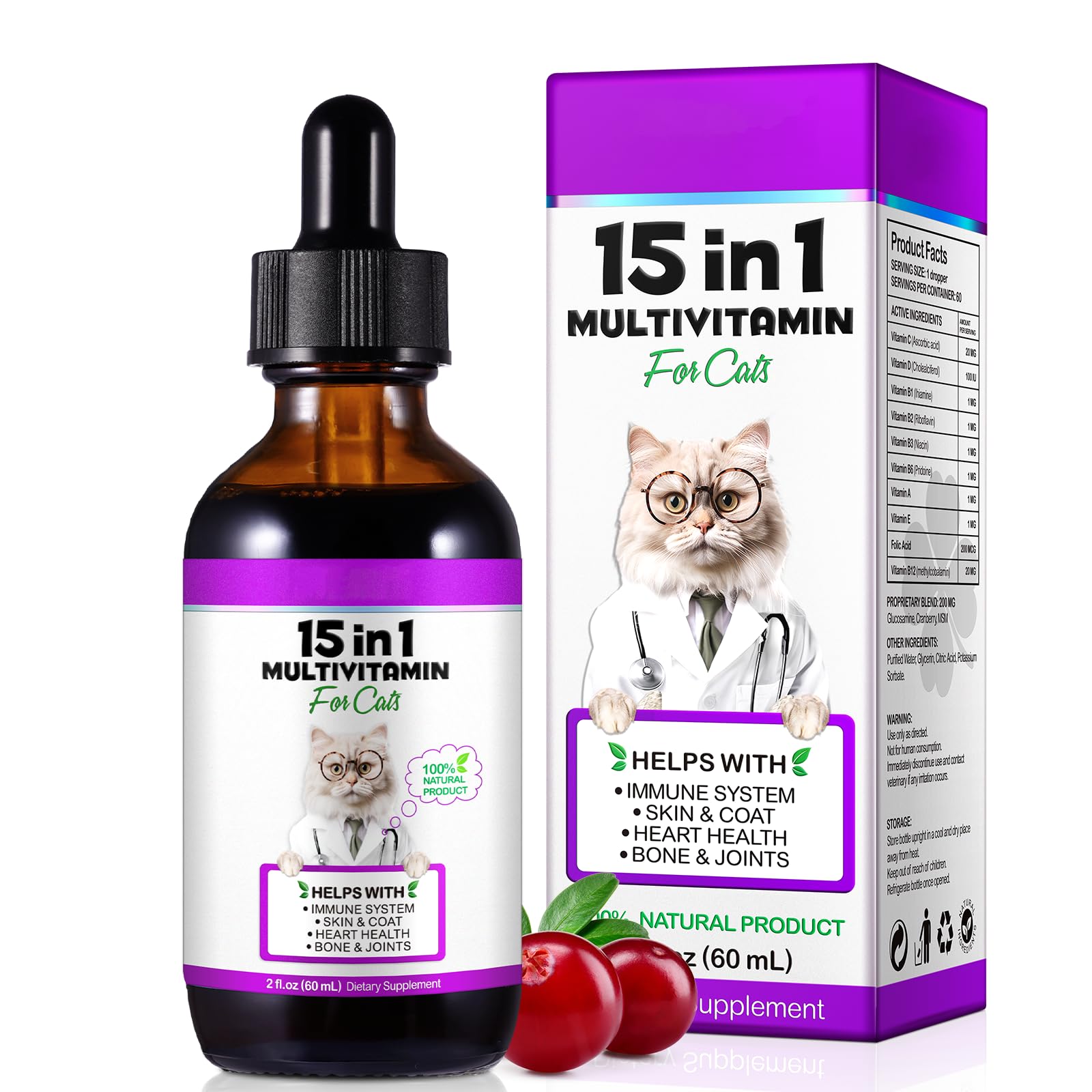 JSBNQRMZ Multivitamins for Cats,15in1 Vitamin Drops,Cat Vitamins and Supplements,60ml Multivitamin Helps with Immune System,Skin & Coat,Heart Health and Bone & Joints