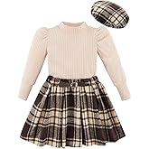 Patgoal Toddler Girl Outfits Puff Sleeve Ribbed Shirt Knitted Tops Pleated Plaid Skirt Set with Hat 3Pcs Fall Winter Clothes