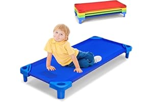 Costzon Daycare Cots for Kids, Pack of 4, 51” L x 23” W Stackable Nap Cots with Easy Lift Corners, Ready-to-Assemble, Preschool Classroom Daycare Beds for Sleeping, Resting, Naptime (Multicolor)