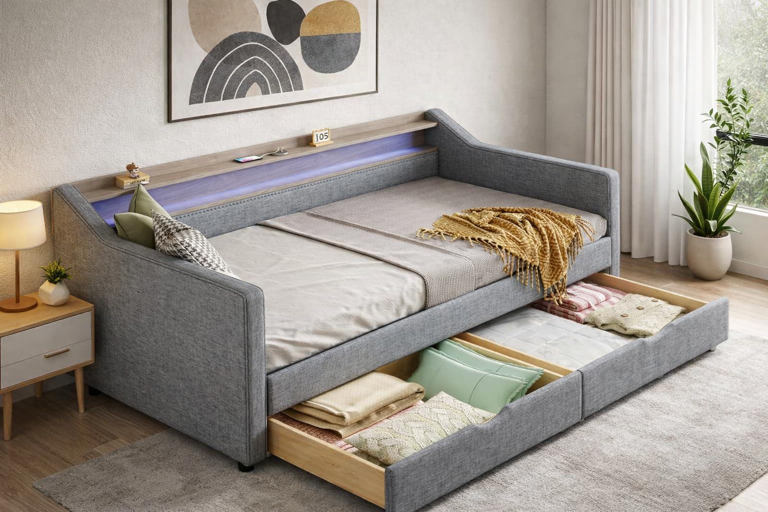 Photo 1 of ****************INCOMPLETE ITEM, THIS IS ONLY BOX #2 OUT OF 2 TOTAL*************
Ball & Cast Twin Size Daybed with Storage Drawers,Linen Upholstered Day Bed Frame w/ 2-Tier Shelves and Charging Station,Smart LED Light,Wood Slats Support,for Livingroom,Apa
