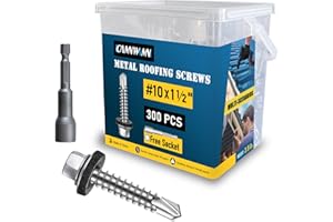 CAMNWAMN 300Pcs #10 x 1-1/2 Inch Galvanized Metal Roofing Screws, Hex Head Drill Point Sheet Metal Roof Screw with Rubber Washer, EPDM Washer, with Hex Drive Bit.