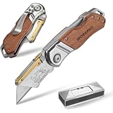 WORKPRO Folding Utility Knife with Belt Clip and Extra 10-piece Blades, Wood Handle Heavy Duty Cutter, Quick-change &amp; Back Lock