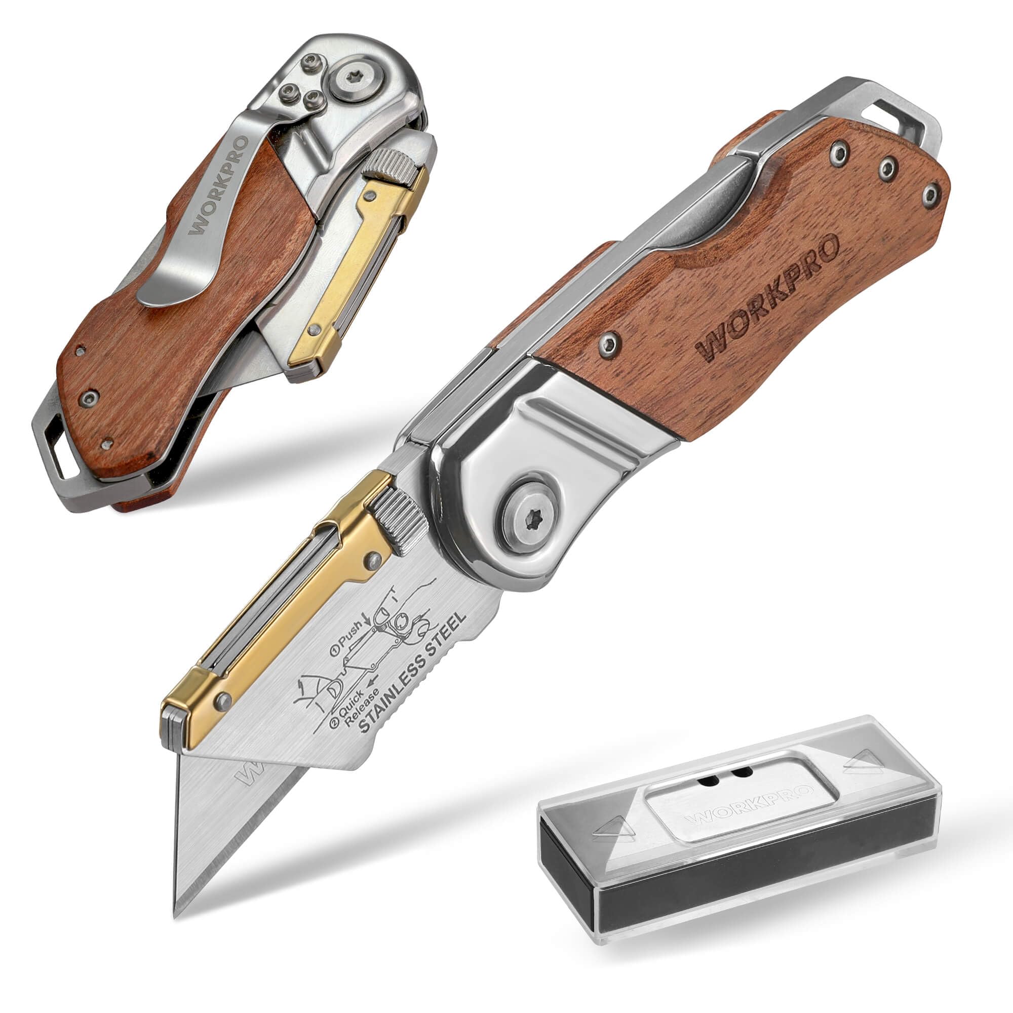 Photo 1 of WORKPRO Folding Utility Knife with Belt Clip and Extra 10-piece Blades, Wood Handle Heavy Duty Cutter, Quick-change & Back Lock