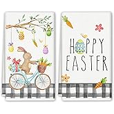 Easter Decorations Kitchen Towels,2Pcs 16x19In Happy Easter Dish Towels with Bunny Eggs Spring Easter Hand Drying Tea Towel for Bathroom Kitchen Home Decor Housewarming Gift Party Supplies(White grid)