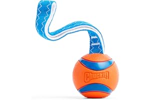Chuckit! Ultra Tug Dog Toy - Ultra Ball on a Durable Nylon Cord Handle - Fetch and Tug-of-War Toy for Dogs - Size Large - For Breeds 60-100 lbs - 3-inch Diameter - Orange and Blue