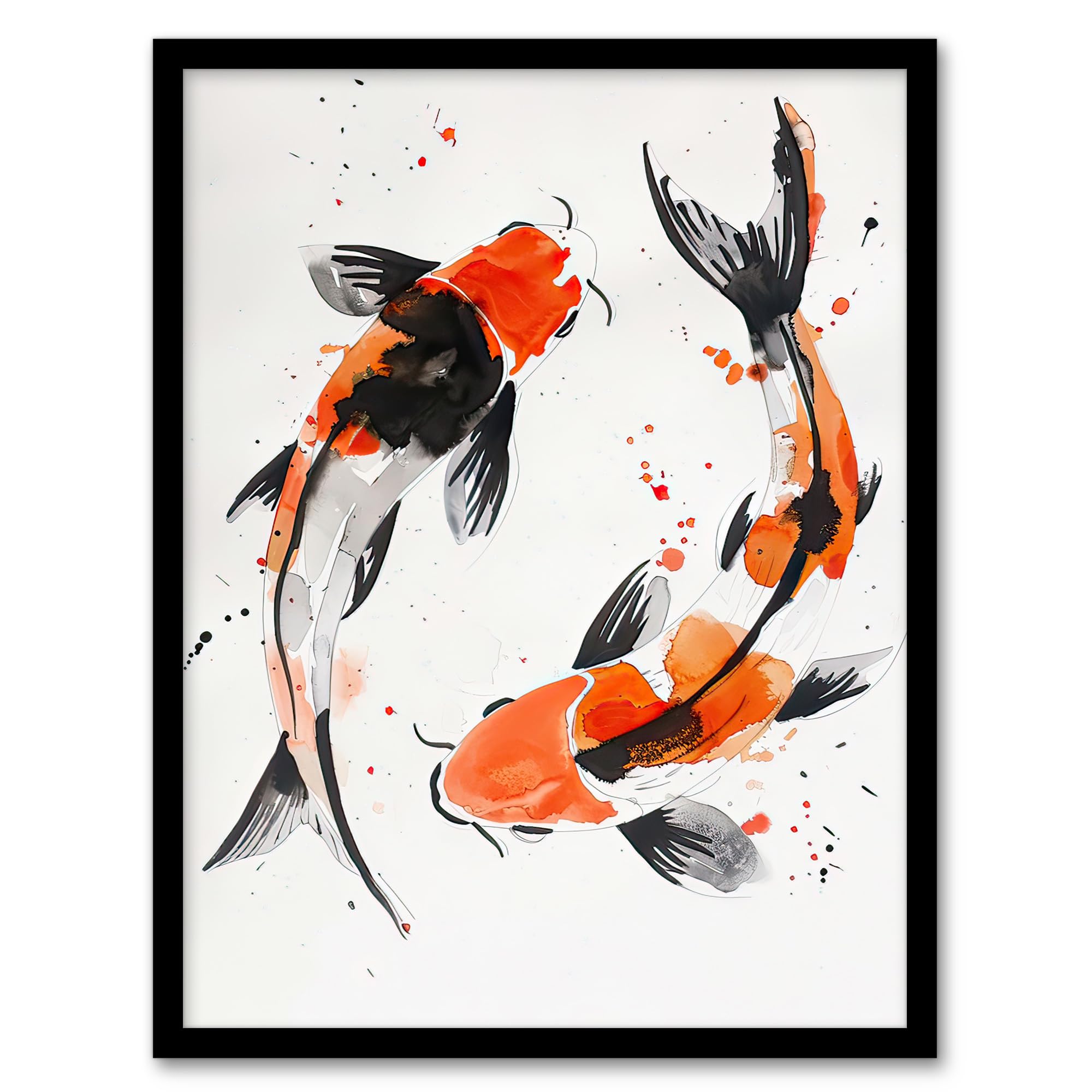Artery8 Two Japanese Koi Carp Fish Bright Watercolour Living Room Art Print Framed Poster Wall Decor 12x16 inch