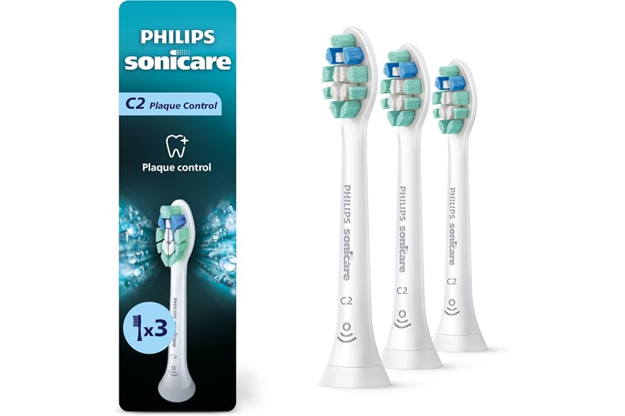 Philips Sonicare C2 Brush Heads, 3-Pack, 9 Month Supply, White | 700% More Plaque Removal¹, BrushSync Reminder, Up To 62,000 Bristle Movements Per Min, HX9023/65