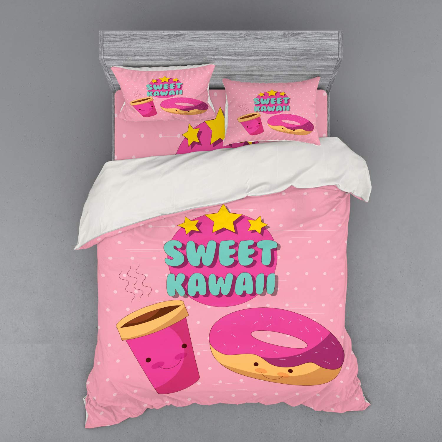 Ambesonne Anime Bedding Set, Kawaii Lettering with Donut and Coffee Smiling Cartoon Characters Pink 