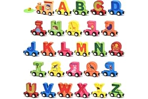 Atoylink 27 Pcs Wooden Train Cars Set Toddlers Magnetic Alphabet Animal Train Toy Kids Boys Girls Letter Cars Montessori Educational Toys for Age 3 4 5 6 7 8