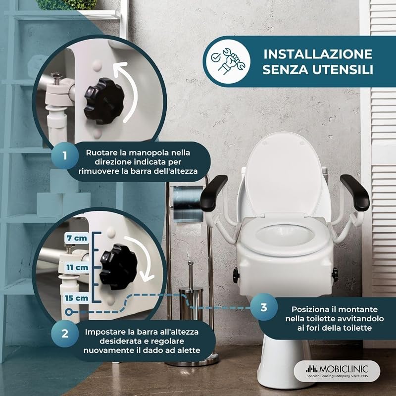 ®, Rialzo per wc Anziani, Tajo, Braccioli pieghevoli, Persone disabili, Coperchio, Regolabile in 3 altezze, Bidet, Inclinabile, Ausili, Bianco