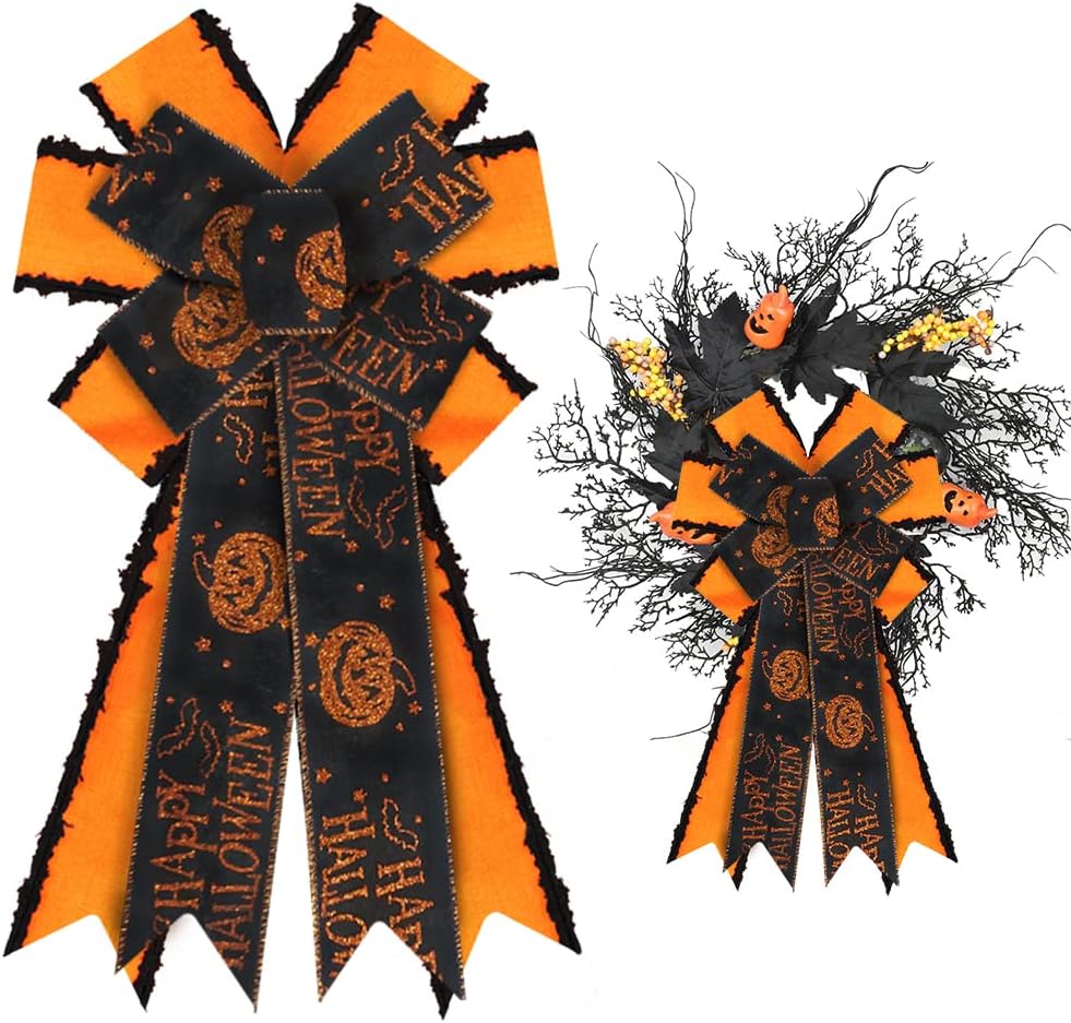 Bows & Ribbons - Large Halloween Bows for Wreath, Burlap Orange Black Wreath Bow for Halloween Décor Happy Halloween Pumpkin Bow for Front Door Indoor Outdoor Wall Tree Topper Decoration Supplies Halloween Ornament