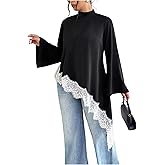 BEAUDRM Women's Plus Size Lace Blouse Flowy Asymmetrical Tops Long Bell Sleeve Dressy Blouse Mock Neck Going Out Tops
