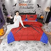 Spider Web Kids Comforter Set Queen Size,Black Spider Arachnid Insect Animals Bedding Set,Boys Girls Women Men Room Decor,Happy Halloween Down Comforter,Red Blue Fashion Duvet Insert,2 Pillowcases