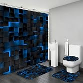 LQCOOL 4Pcs Shower Curtain Set with Rugs, Modern Bathroom Set Black Blue | Waterproof Polyester & Soft Flannel.12 Hooks,Toilet Lid Cover & U-Shaped Mat for Modern Bathrooms/Families
