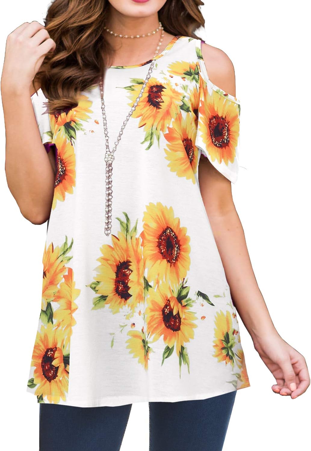 PrinStory Women's Short Sleeve Casual Cold Shoulder Tunic Tops Loose Blouse Shirts