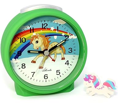 Atlanta Kinderwecker ohne Ticken für Mädchen Grün Einhorn + Radiergummi - 1981-6RAD