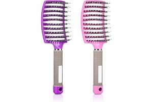 KINGMING Wet Hair Brush Detangling Brush for Wet & Dry, 2 Pack (Pink+Purple), Curved Vented Brushes for Women Kids, Detangler for All Hair Types