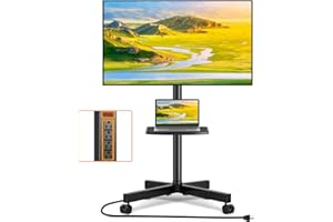 TVON Mobile TV Stand with Power Outlet, Tilt Rolling TV Cart for 23-65 Inch LCD LED OLED Flat Curved Screen TVs up to 88 lbs, Height Adjustment Portable TV Stand on Wheels, Max VESA 400x400mm