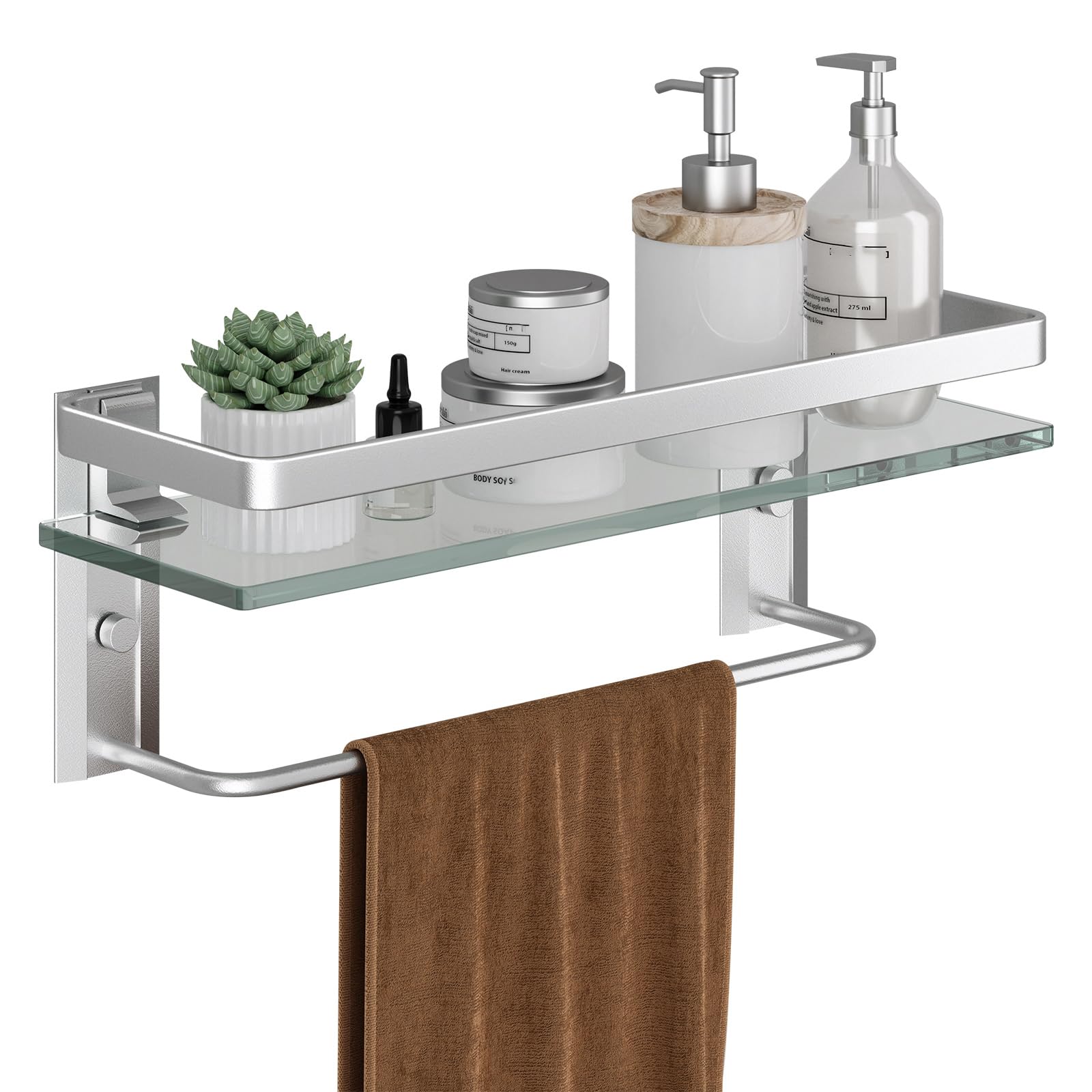 Photo 1 of Danpoo Bathroom Wall Shelf with Towel Bar, Clear Tempered Glass, Hand Towel Holder (Matte Silver)