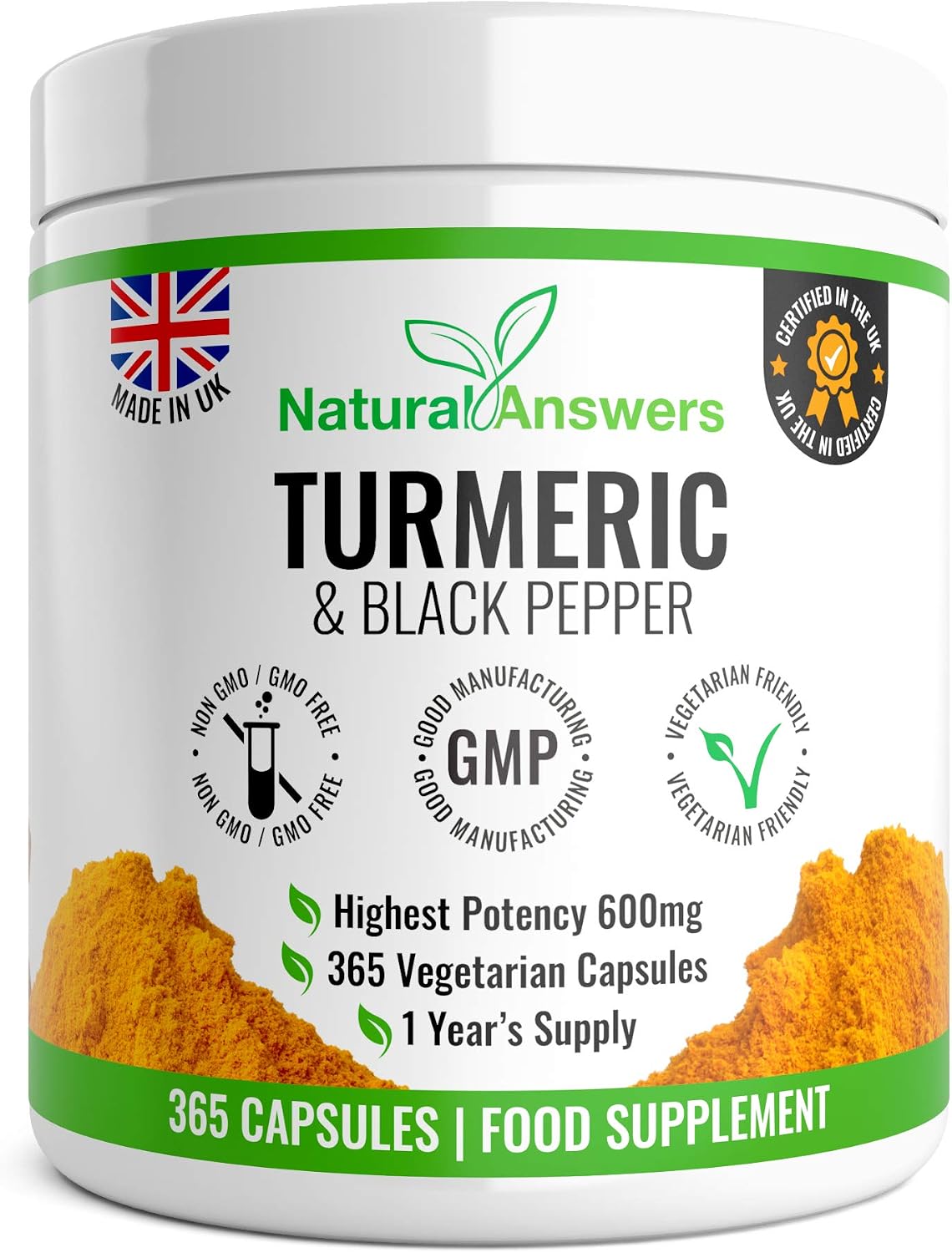 365 Turmeric & Black Pepper Capsules - High Strength Turmeric Capsules Turmeric Tablets 365 Vegetarian Capsules (1 Year Supply) – Vegetarian Supplement Made in The UK by Natural Answers