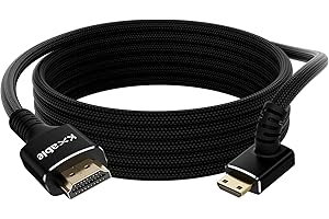 Right Angle 8K Mini HDMI to HDMI Cable 6FT, Bidirectional, Braided, 8K@60Hz, 4K@120Hz, Compatible with Camera, Camcorder, Por