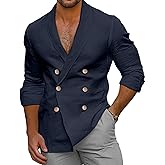 SOMTHRON Men's Linen Double Breasted Blazer Suit Jackets Shawl Collar Slim Fit V Neck Beach Vacation Shirt Tops