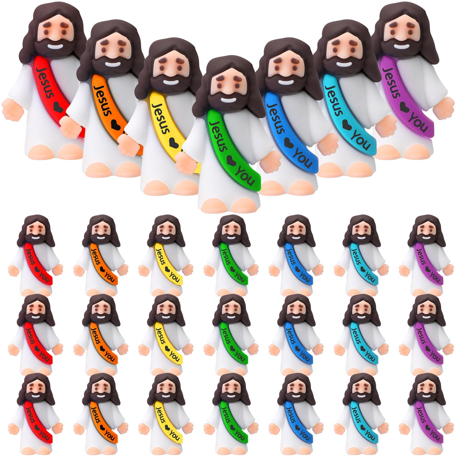 Photo 1 of Bememo 25 Pcs Little Jesus Figures Original Design Jesus Love You Mini Rubber Toys to Hide and Seek Christmas Religious Party Favors Sunday School Baptism Gifts(Rainbow Color)