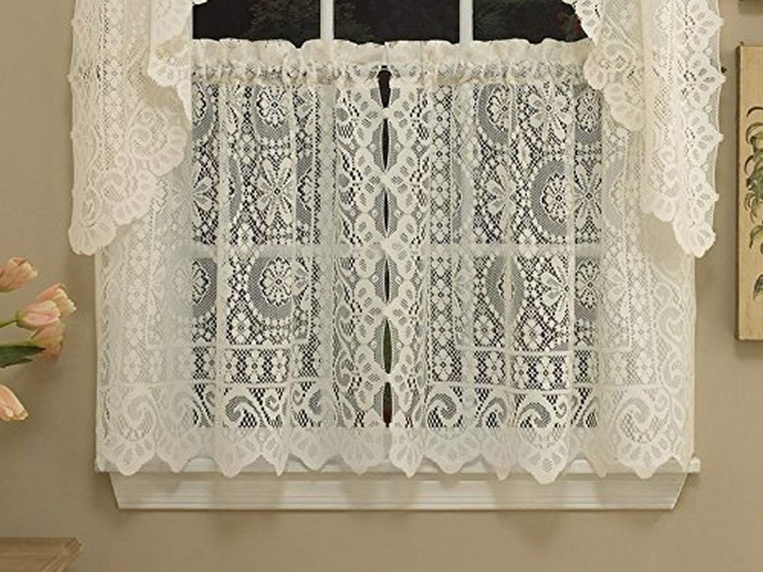 Sweet Home Collection Floral Heavy Lace Kitchen Curtain, Cream, 29" W x 36" L (Pack of 1) — image 1