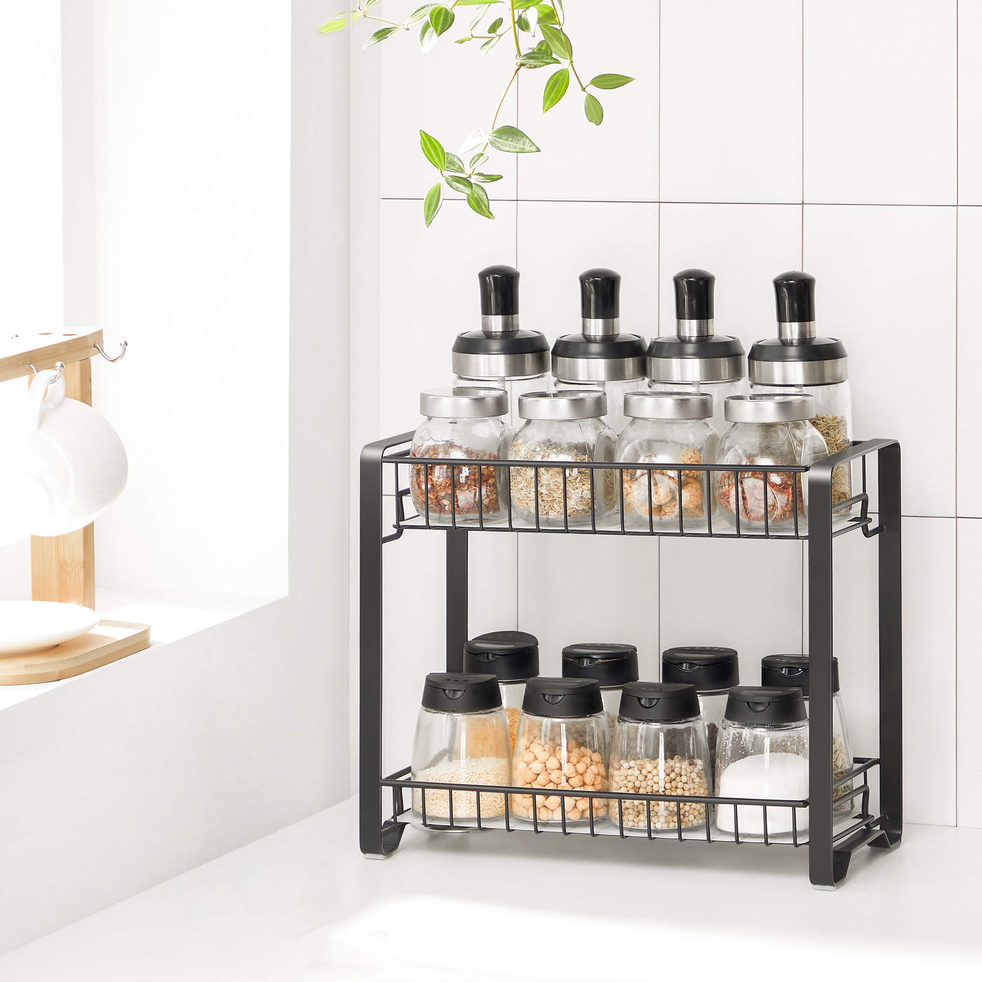 SONGMICS Spice Rack, 2 Tier Metal Kitchen Storage Rack, Spice Rack with Plastic Boards, Non-Slip Feet for Kitchen, Bathroom, Black KCS013B01