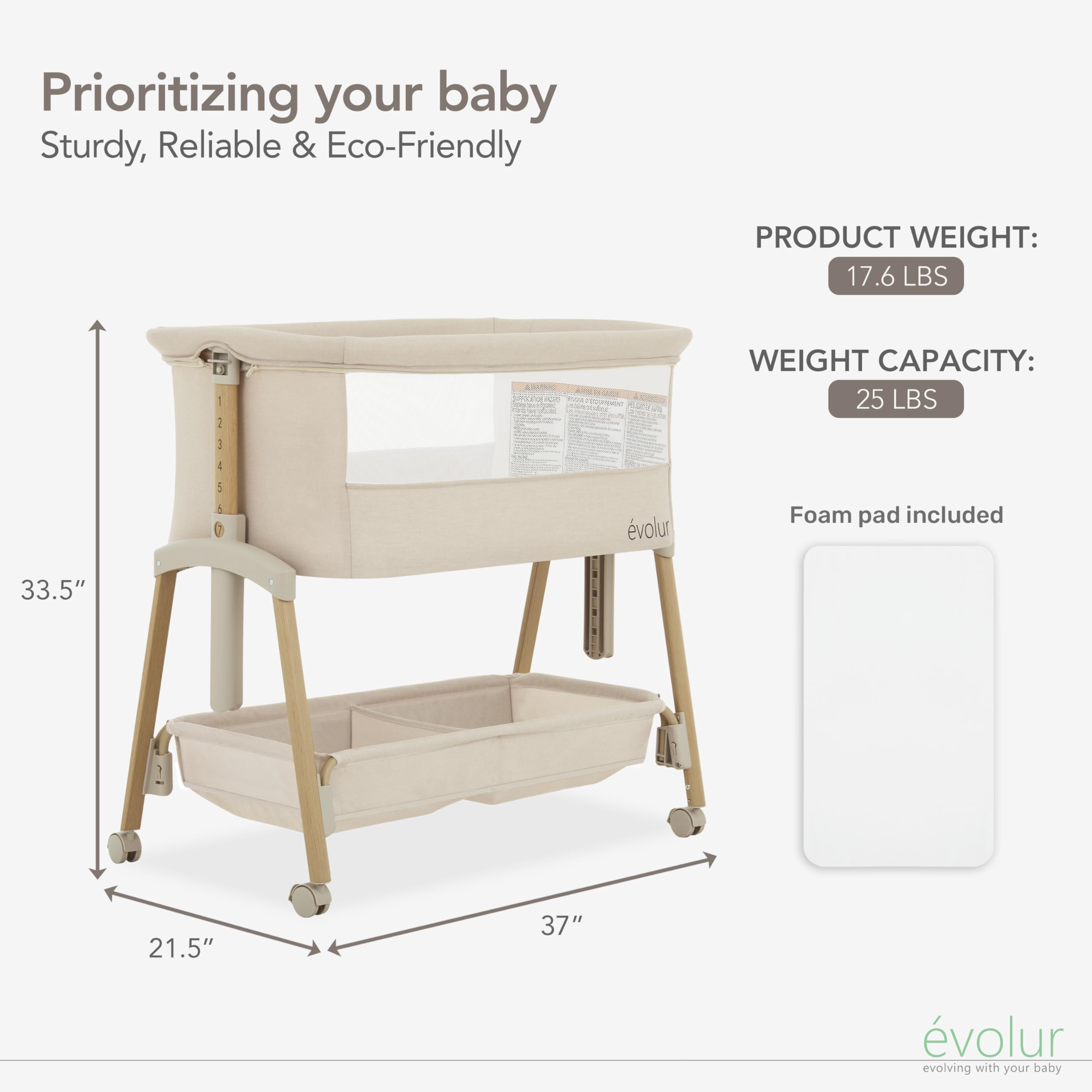 Evolur Lullaby Bedside Bassinet with Wheels, Seven Adjustable Heights, Breathable Mesh Sides Baby Bassinet, Large Storage Basket, Easy to Fold and Carry Travel Bassinet - Travel Bag Included