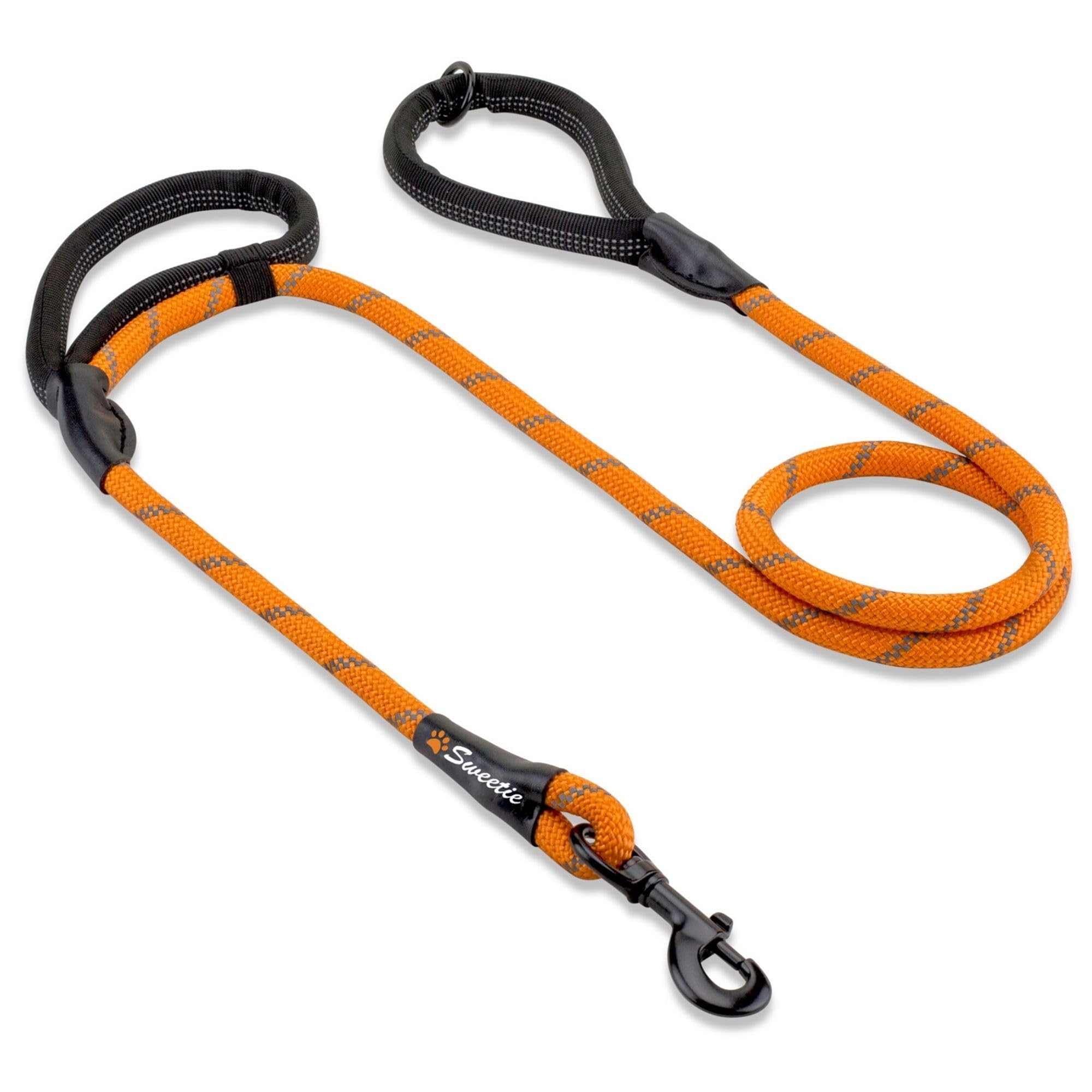 Sweetie Rope Dog Lead - Innovative Design with Two Padded Handles - Reflective Stitching & O-Ring - 5 FT Long Leash for Medium & Large Sized Pets - Weather Resistant & Strong Material. Orange — image 1