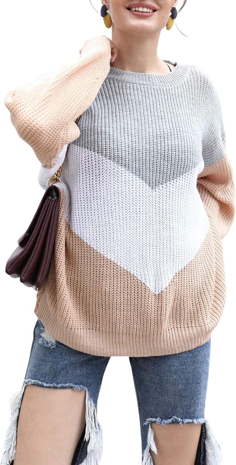 Amazon.com: Womenâs Y2K Knitted Pullover Sweater Fashion Stitching Color Loose Crew Neck Long 