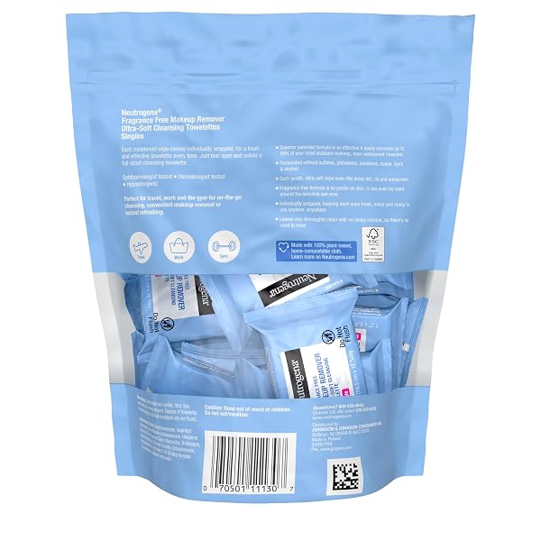 6 PACK NEUTROGENA FRAGRANCE-FREE MAKEUP REMOVER WIPES SINGLES, INDIVIDUALLY WRAPPED FACE TOWELETTES, GENTLY REMOVE DIRT, OIL, WATERPROOF MASCARA & MAKEUP, ALCOHOL-FREE DAILY FACE WIPES FOR TRAVEL, 20 CT