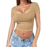 Short Sleeve Square Neck Crop Top for Women Soft Workout Shirt Going Out Tops Sexy Slim Fitted Casual Base Layer Lightweight