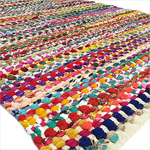 Eyes of India - 2 X 3 ft Colorful Chindi Woven Area Rag Rug Multicolor White Rug Braided Floor Mat Bohemian Accent Boho Chic Decorative Indian Handmade Handwoven