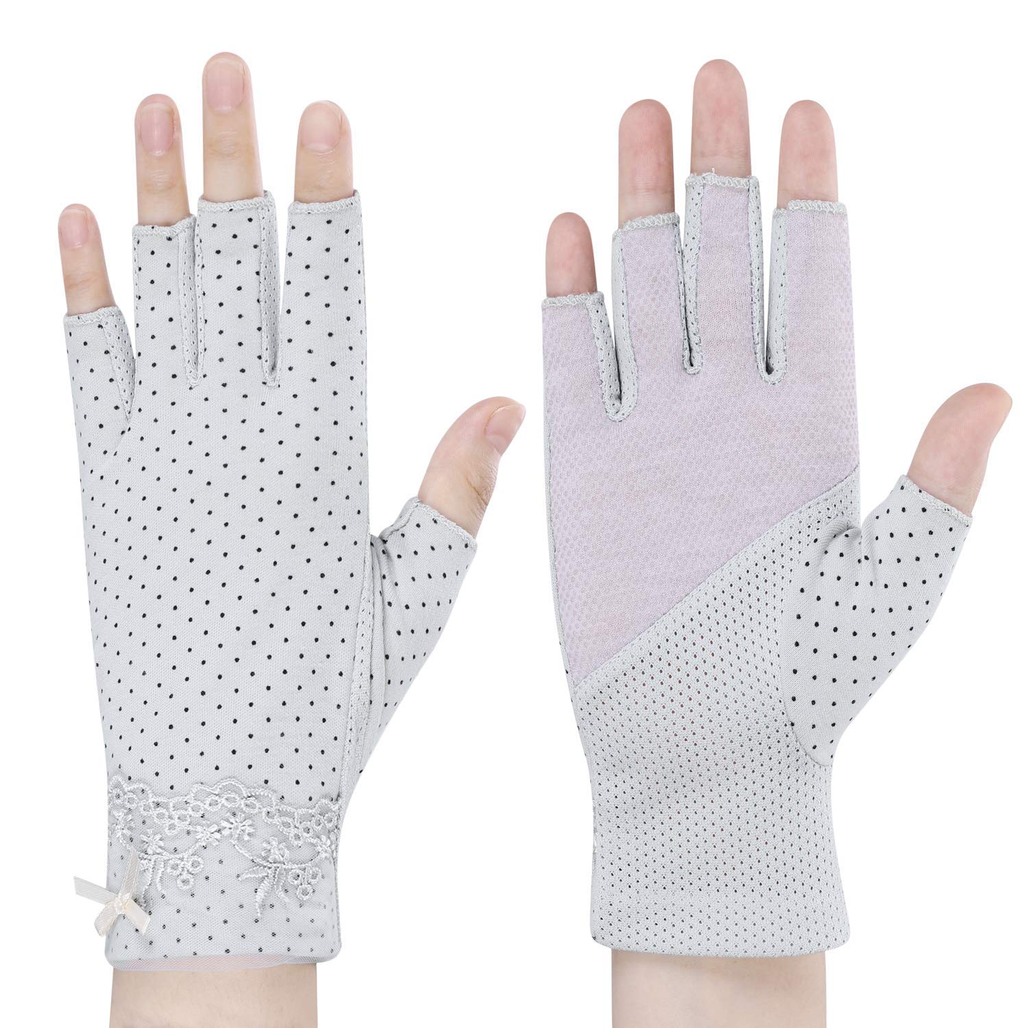 Womens Sunscreen Driving Gloves Fingerless Breathable Lace Cotton Anti-Slip Cycling Gloves UV Protection Outdoor Sport Gloves for Summer Fishing Golfing