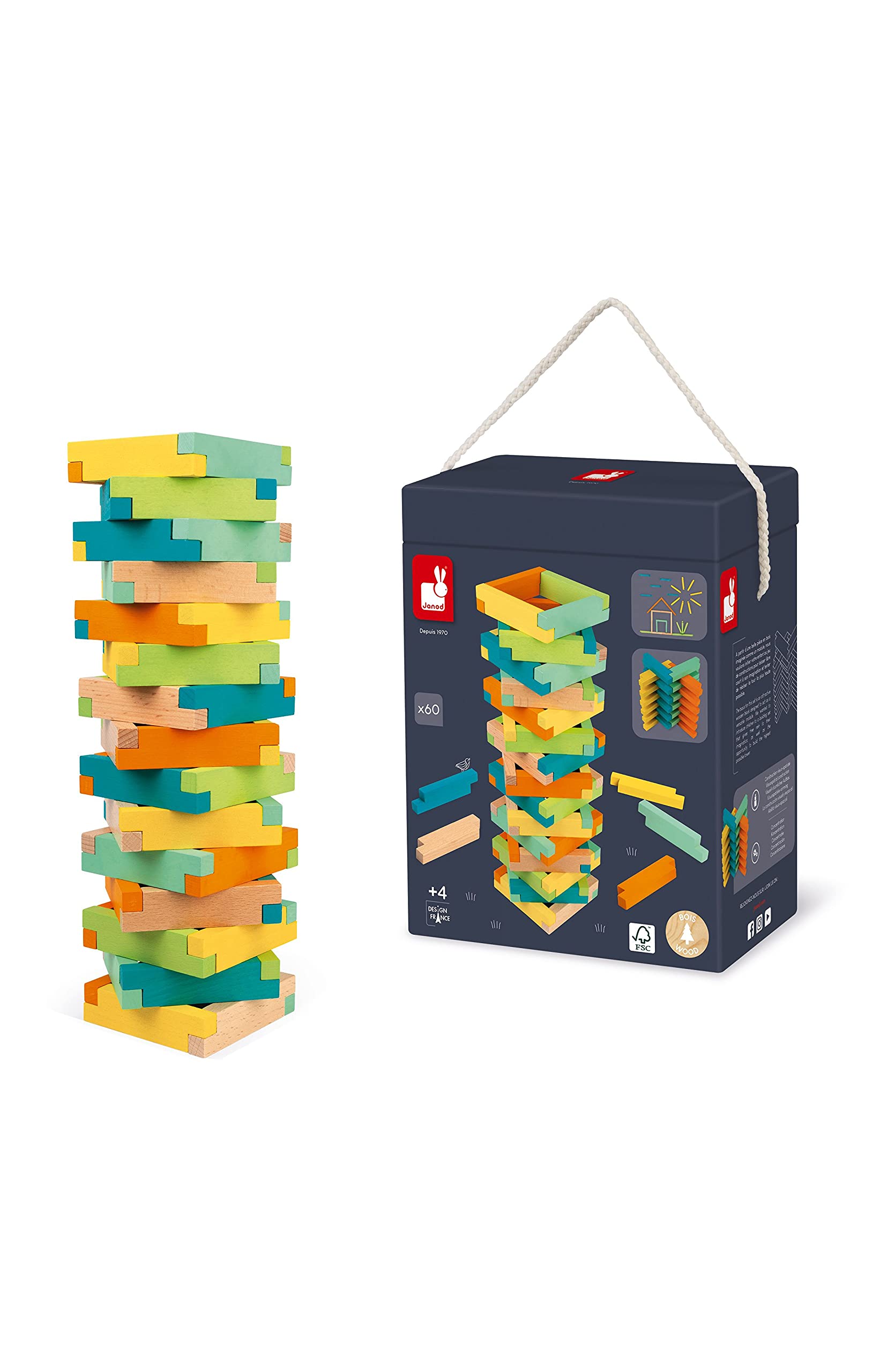 Janod - 60-Piece Wooden Construction Barrel - Building Game - Develops Fine Motor Skills and Concentration - Wood (FSC-certified beech) Water-Based Paint - Suitable for ages 4 and up - J08300