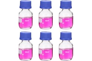 PATIKIL 6 Pack Reagent Media Storage Bottles, 50ml Borosilicate Glass Graduated Round Bottles with GL32 Blue Screw Cap for La