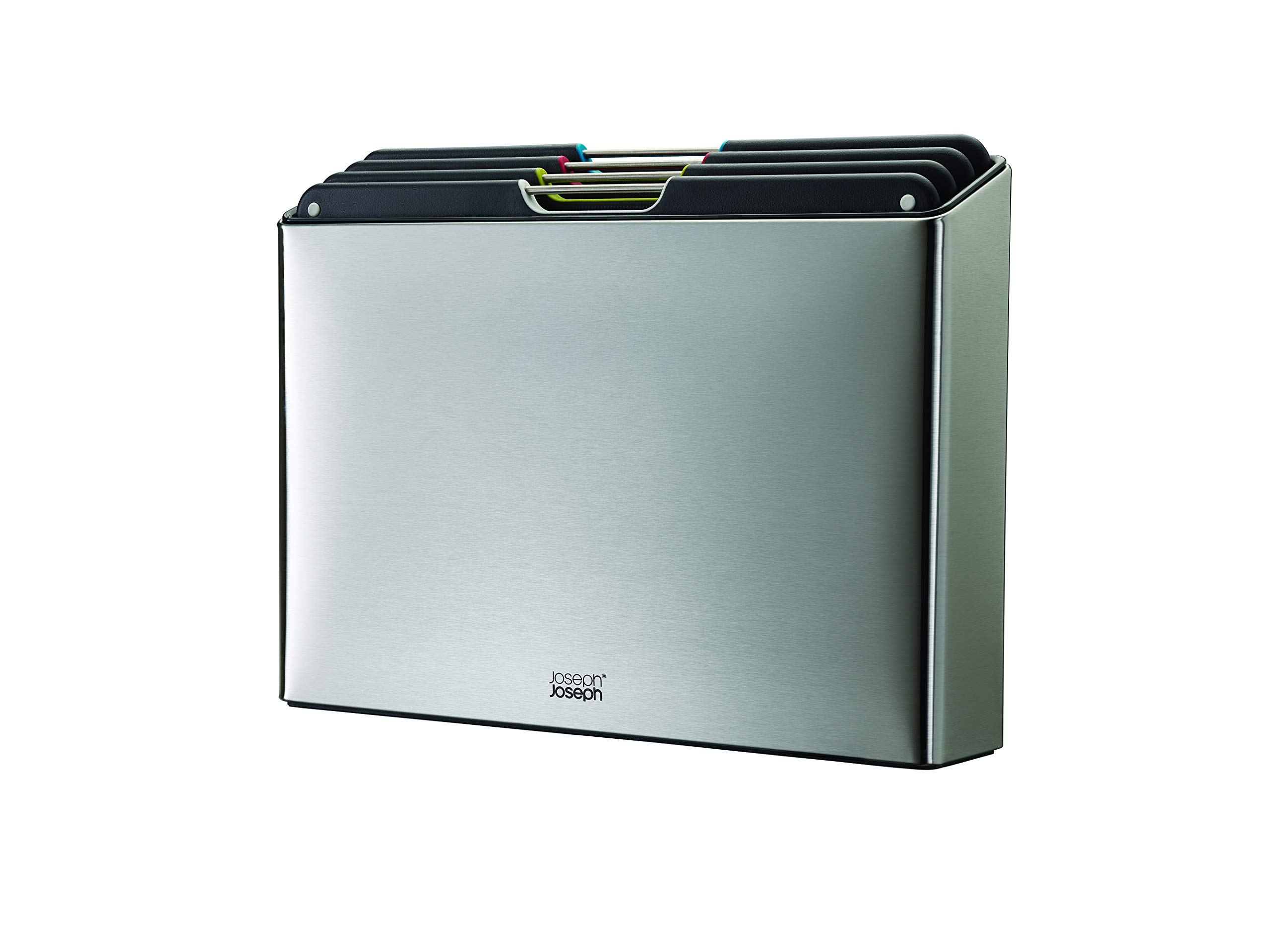 Joseph Joseph Folio 4-Piece Colour coded Chopping Board Set, Slimline Case for Organised Kitchen Storage, Large, Stainless Steel, Silver