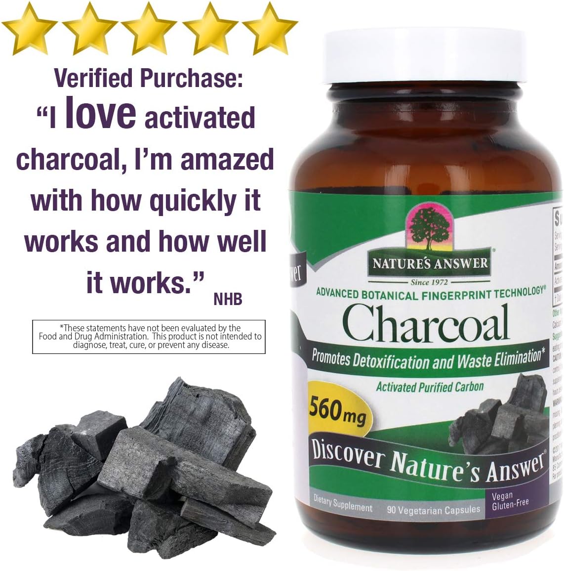 Nature's Answer Activated Charcoal Vegetarian Capsules | Naturally Promotes Detoxification & Waste Elimination | Vegan, Gluten-Free, Alcohol-Free & No Preservatives 90ct.: Health & Personal Care